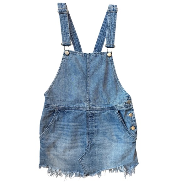 Free People Denim Overall Mini Dress Raw Hem Women's Size 4‎ - Picture 2 of 6